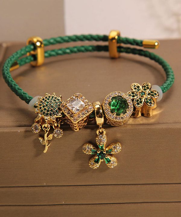 Handmade Green Sterling Silver Overgild Zircon Inlaid Gem Stone Sunflower Charm Bracelet - Image 3