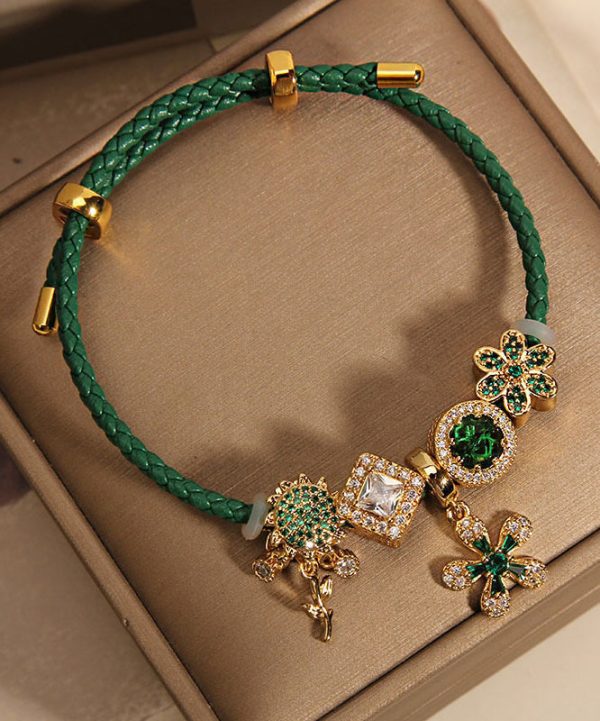 Handmade Green Sterling Silver Overgild Zircon Inlaid Gem Stone Sunflower Charm Bracelet - Image 4