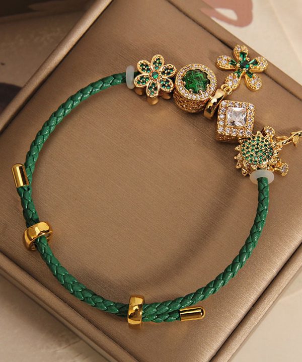 Handmade Green Sterling Silver Overgild Zircon Inlaid Gem Stone Sunflower Charm Bracelet - Image 5