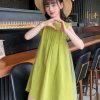 Handmade Green Tulle Patchwork Solid Cotton Kids Mid Dresses Sleeveless