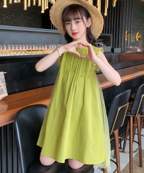 Handmade Green Tulle Patchwork Solid Cotton Kids Mid Dresses Sleeveless
