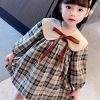 Handmade Khaki Plaid Bow Detachable Girls Mid Dresses Long Sleeve