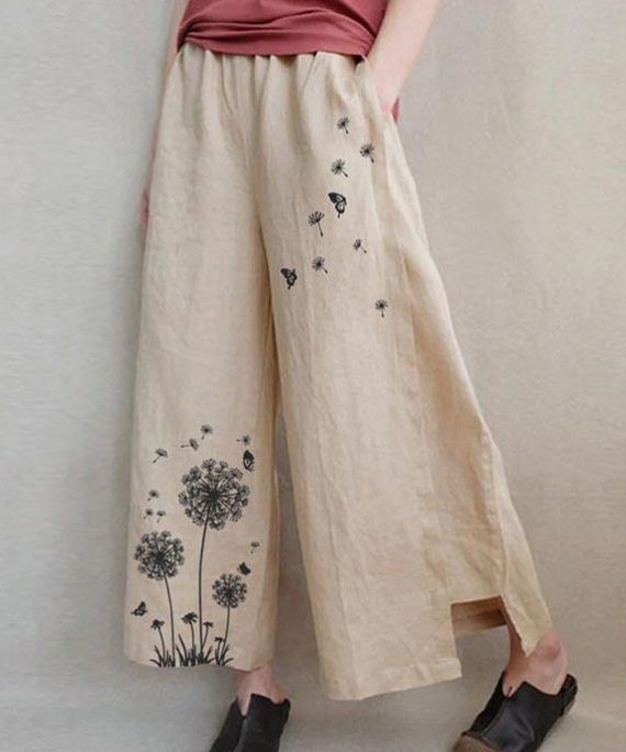 Handmade Khaki Print Dandelion Wide Leg Pants Summer Cotton Linen