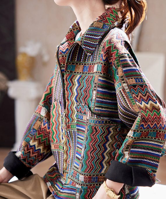 Handmade Peter Pan Collar Print Zippered Coats Spring