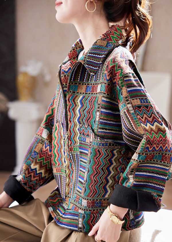 Handmade Peter Pan Collar Print Zippered Coats Spring