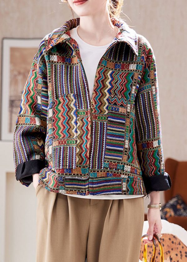 Handmade Peter Pan Collar Print Zippered Coats Spring - Image 2