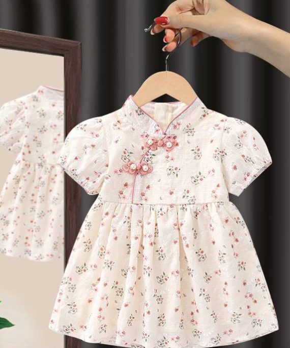 Handmade Pink Stand Collar Print Kids Maxi Dresses Short Sleeve
