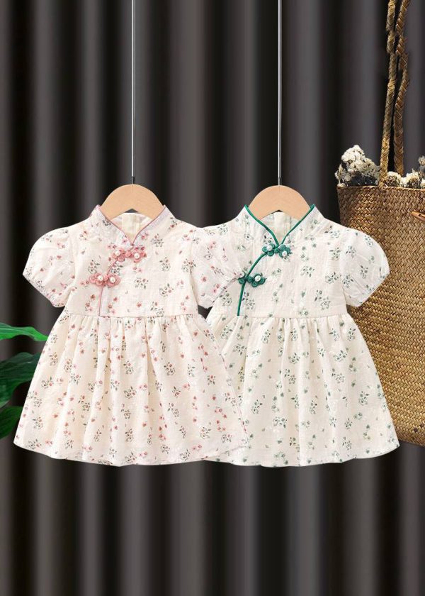 Handmade Pink Stand Collar Print Kids Maxi Dresses Short Sleeve - Image 4