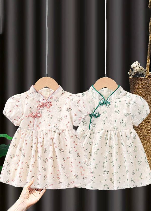 Handmade Pink Stand Collar Print Kids Maxi Dresses Short Sleeve - Image 5