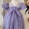 Handmade Purple Wrinkled Nail Bead Bow Patchwork Tulle Kids Girls Dresses Summer