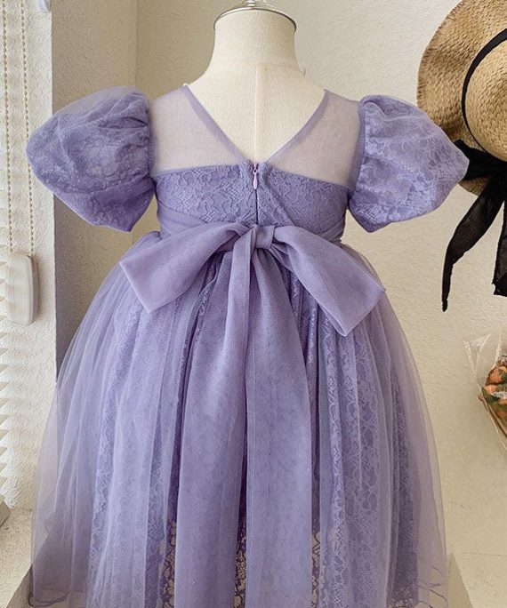 Handmade Purple Wrinkled Nail Bead Bow Patchwork Tulle Kids Girls Dresses Summer