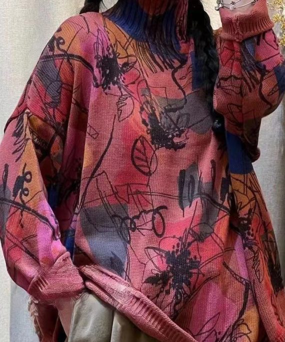 Handmade Red Oversized Print Knit Sweaters Spring