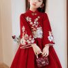 Handmade Red Stand Collar Wrinkled Girls Long Dress Spring