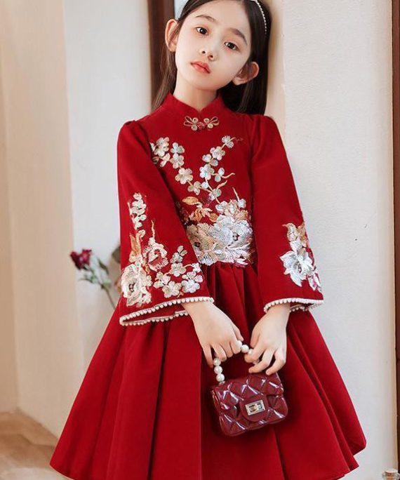 Handmade Red Stand Collar Wrinkled Girls Long Dress Spring