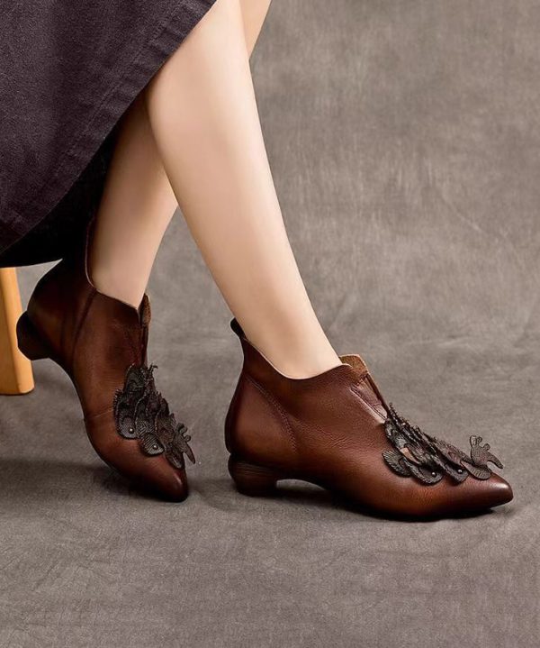 Handmade Retro Coffee Cowhide Leather Pointed Toe Ankle Boots - Image 2