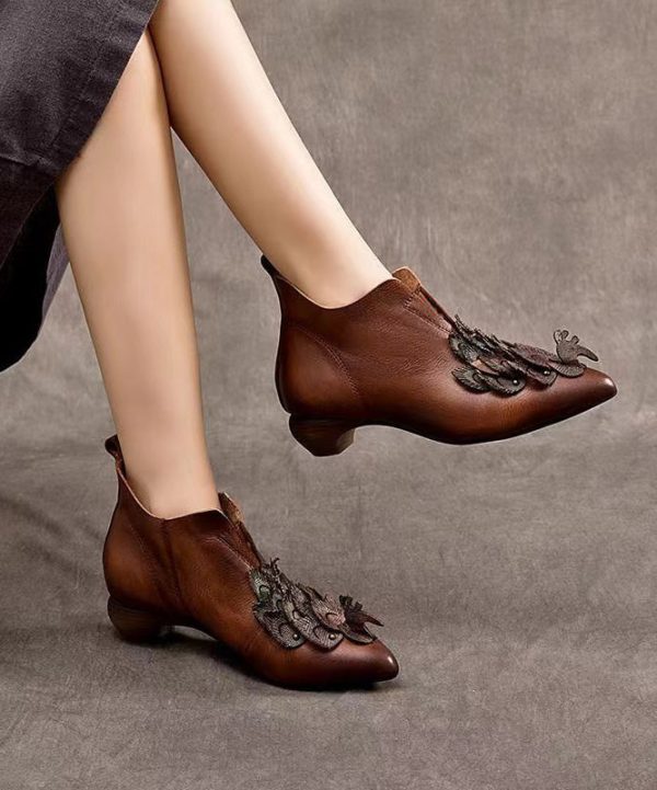 Handmade Retro Coffee Cowhide Leather Pointed Toe Ankle Boots - Image 3