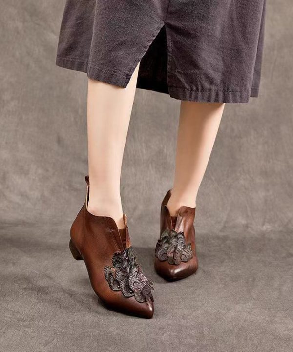 Handmade Retro Coffee Cowhide Leather Pointed Toe Ankle Boots - Image 4