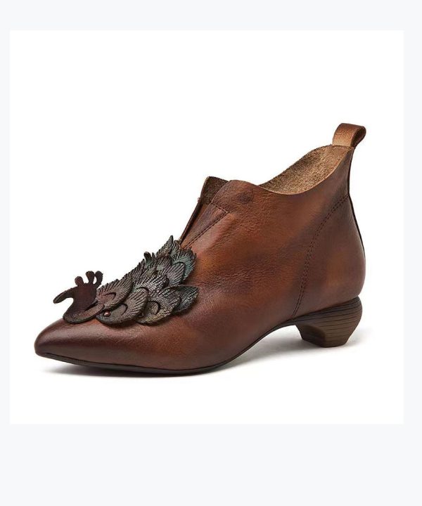 Handmade Retro Coffee Cowhide Leather Pointed Toe Ankle Boots - Image 5
