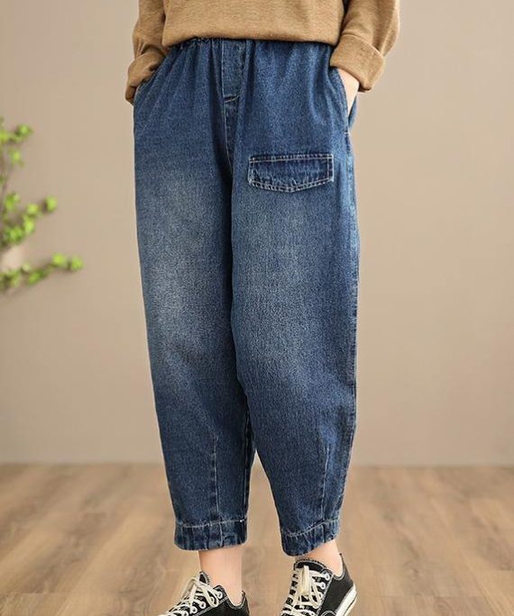 Handmade Spring Casual Pants Oversize Denim Blue Photography Elastic Waist Trousers