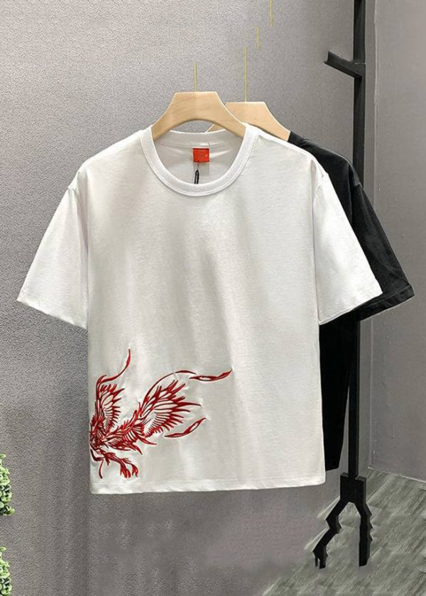 Handmade White O-Neck Embroideried Cotton T Shirts Men Summer - Image 3