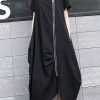 Handmade black asymmetric cotton Long Shirts zippered long summer Dress