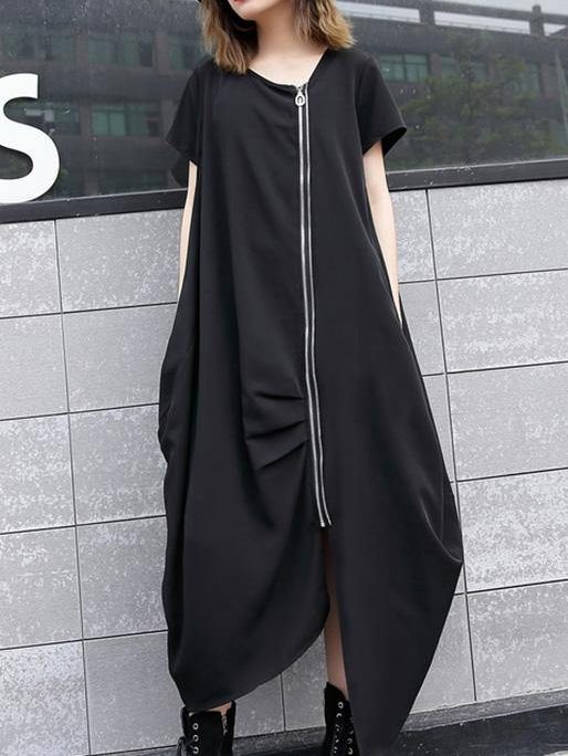 Handmade black asymmetric cotton Long Shirts zippered long summer Dress