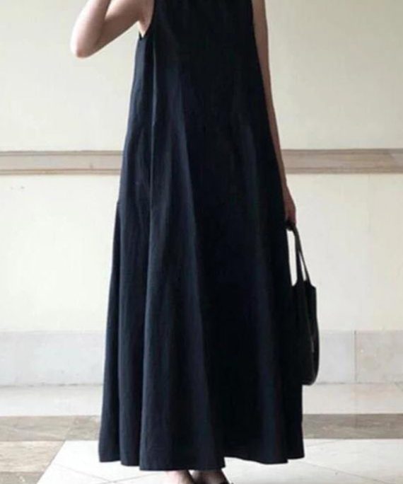 Handmade black linen dresses o neck sleeveless cotton robes summer Dresses