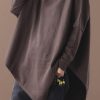 Handmade chocolate cotton tunics for women asymmetric hem short high neck blouse