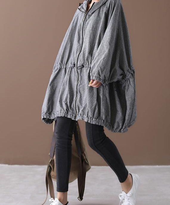 Handmade gray plaid Fashion coat Inspiration hooded drawstring coats