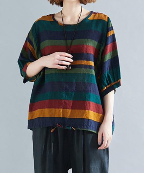 Handmade o neck Batwing Sleeve linen spring clothes For Women rainbow shirts