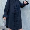 Handmade stand collar Ruffles Cotton dresses Sewing black Dress