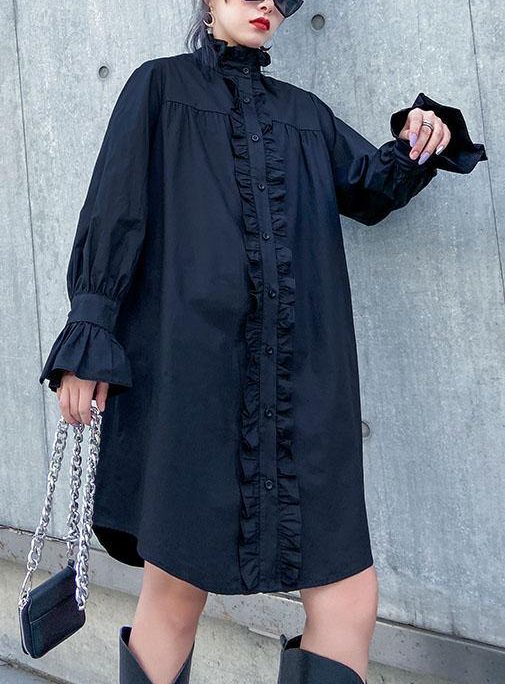 Handmade stand collar Ruffles Cotton dresses Sewing black Dress