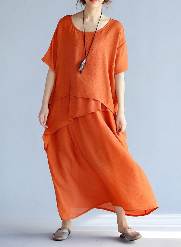 baggy gray long linen dresses oversized layered cotton maxi dress vintage short sleeve cotton clothing - Image 7