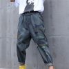 High waist summer nine points embroidery vintage broken hole carrot pants