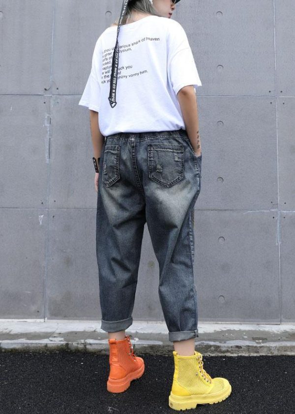 High waist summer nine points embroidery vintage broken hole carrot pants - Image 4
