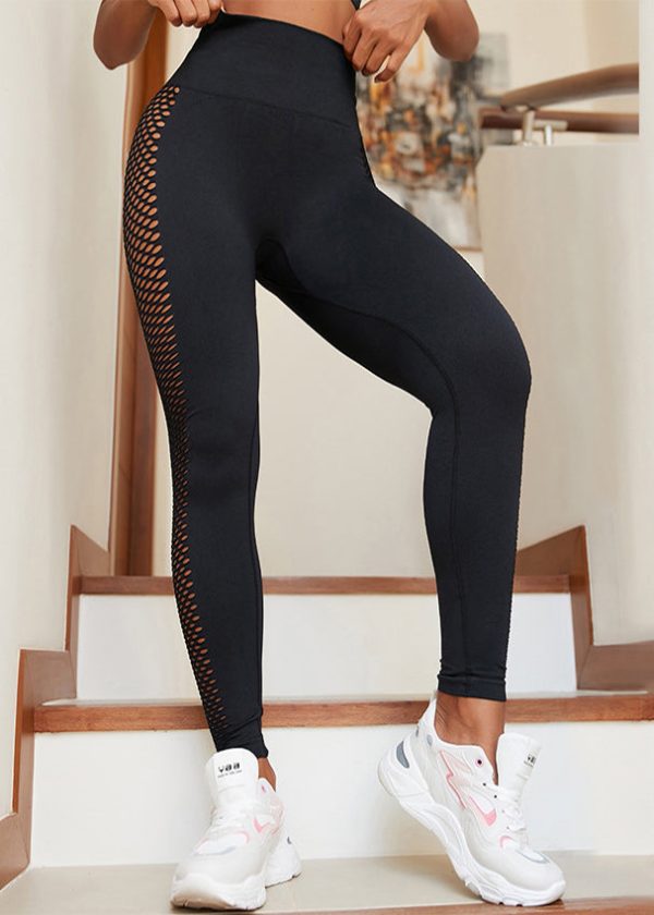 Ignite Black High Waist Hollow Out Mesh Panel Leggings Surf Leggings - Image 4