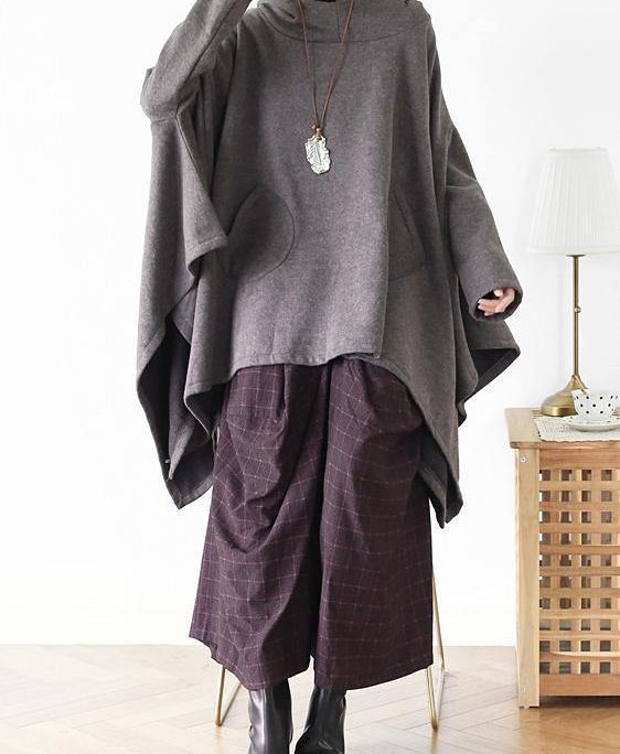 Irregular gray pullover loose large size cotton sweater coat personalized knitted top