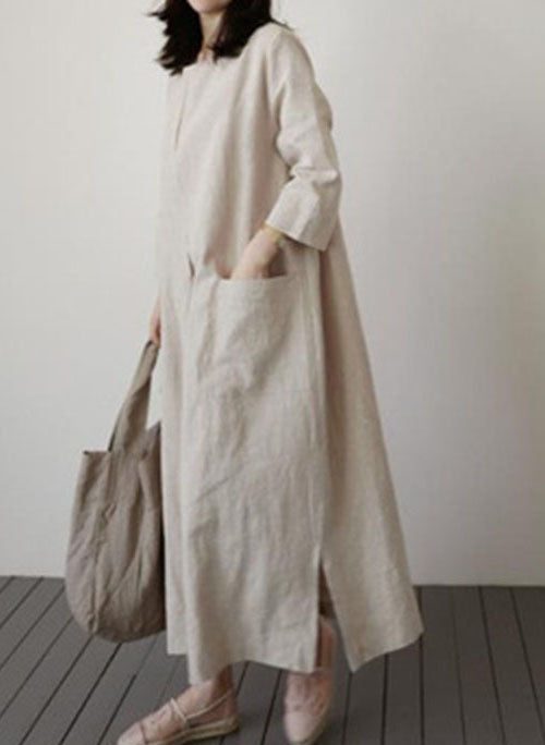 Italian Beige Cinched side open Linen Robe Dresses Spring