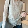 Italian Beige O-Neck Hollow Out Lace Top Spring