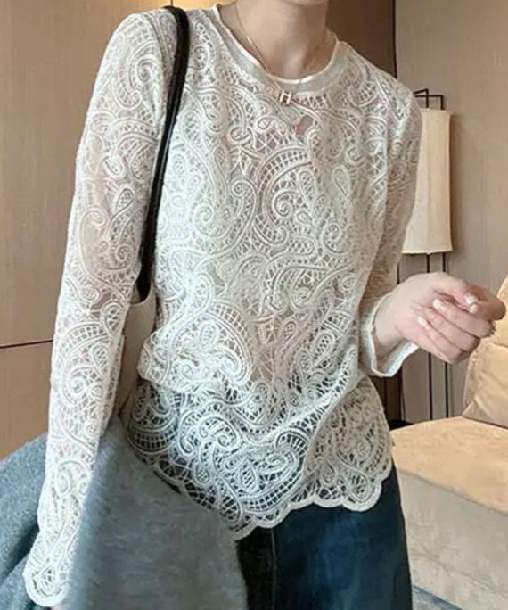 Italian Beige O-Neck Hollow Out Lace Top Spring