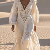 Italian Beige V Neck Patchwork Hollow Out Cotton Dresses Spring
