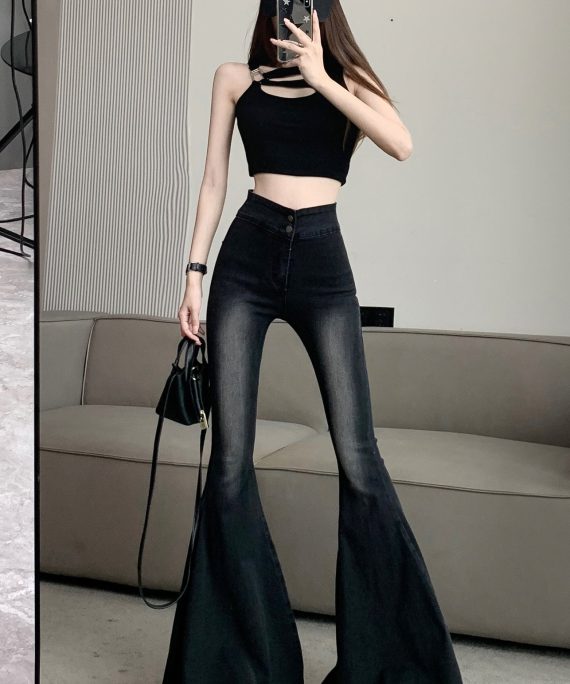 Italian Black High Waist Denim Flared Pants Trousers Spring