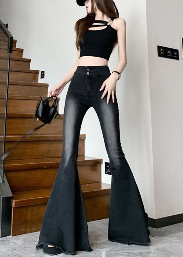 Italian Black High Waist Denim Flared Pants Trousers Spring - Image 3