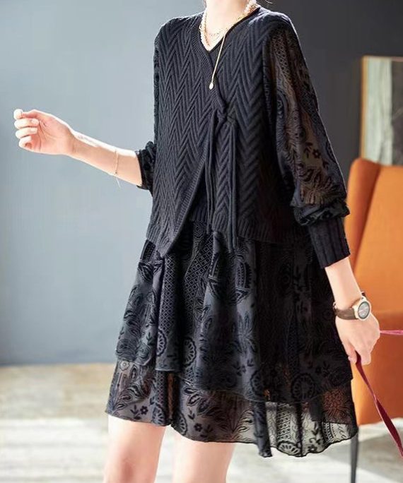 Italian Black Jacquard Patchwork False Two Pieces Knit Short Dress Spring