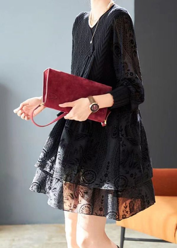 Italian Black Jacquard Patchwork False Two Pieces Knit Short Dress Spring - Image 3