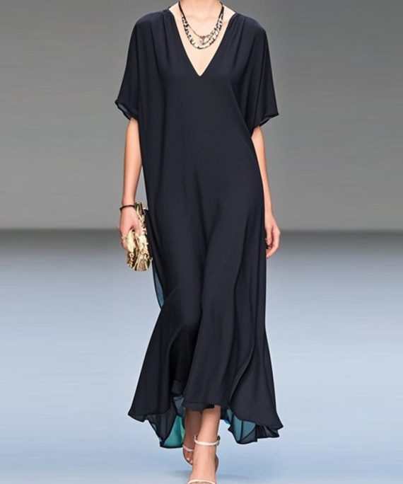 Italian Black V Neck Draping Chiffon Long Dress Summer