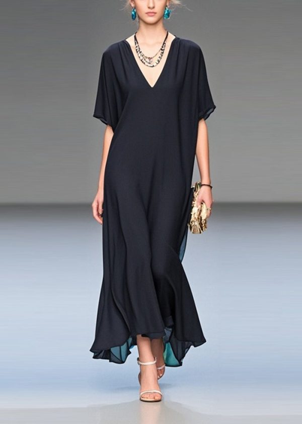 Italian Black V Neck Draping Chiffon Long Dress Summer - Image 3