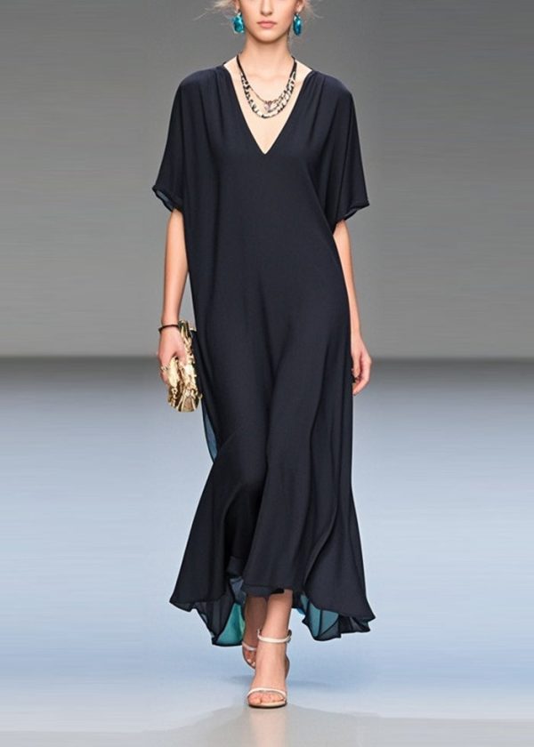 Italian Black V Neck Draping Chiffon Long Dress Summer - Image 5