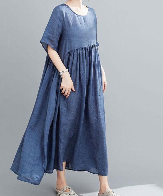 Italian Blue Pockets Maxi Dresses Short Sleeve Summer