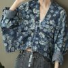 Italian Blue Print Denim Long sleeve V Neck Top